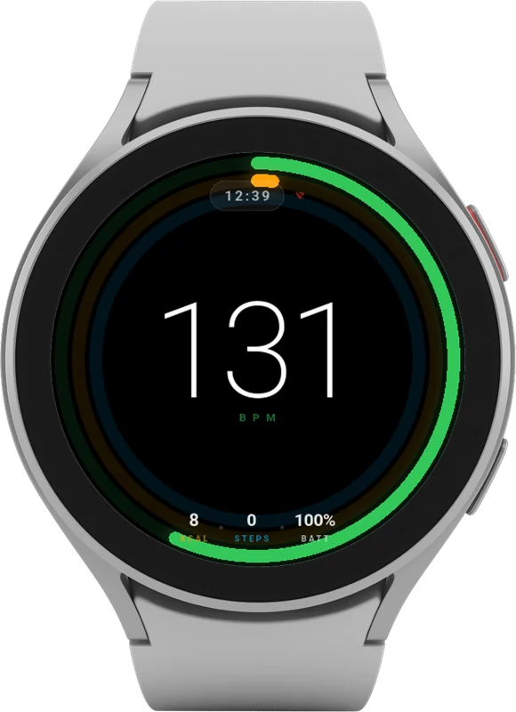 KickFlow on a Wear OS watch, showing heart rate
